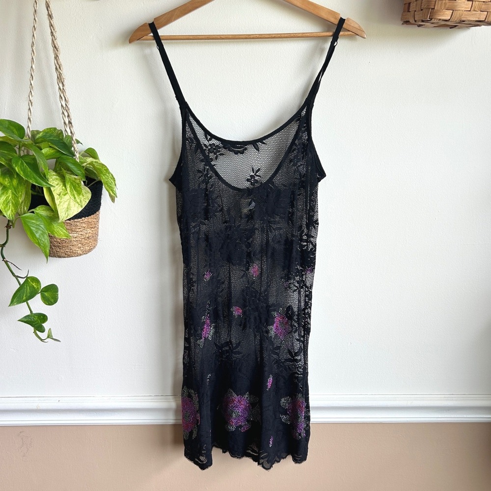 Intimately Free People Black Lace Sheer Beaded Floral Slip Dress Medium